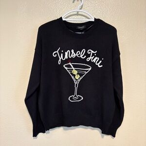 NWT Calligraphie Tinsel Tini Black Martini Cocktail Holiday Sweater Christmas M
